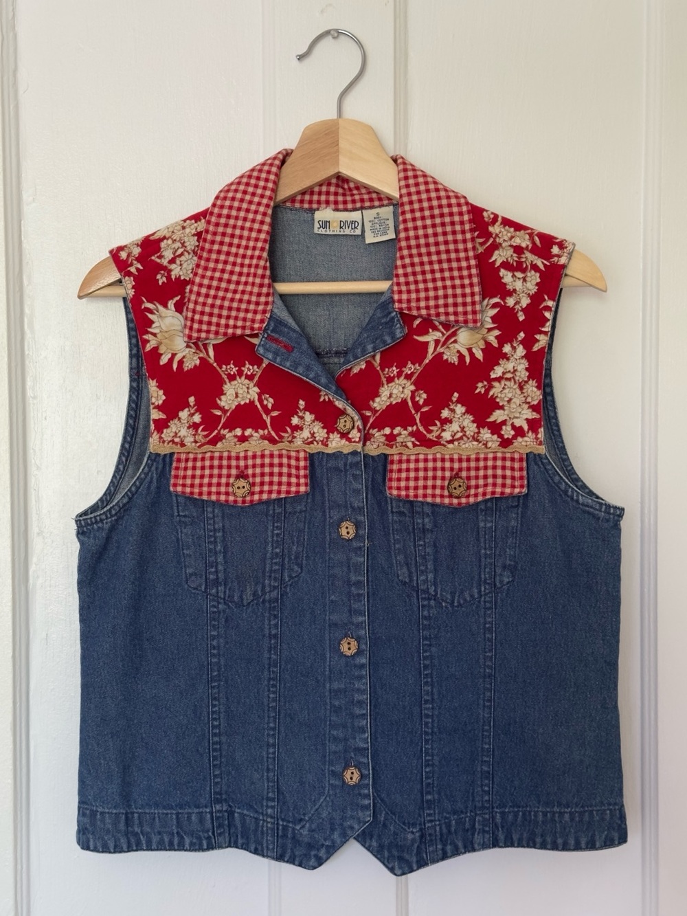 Vintage Sun River Denim Vest with Red Floral Yoke